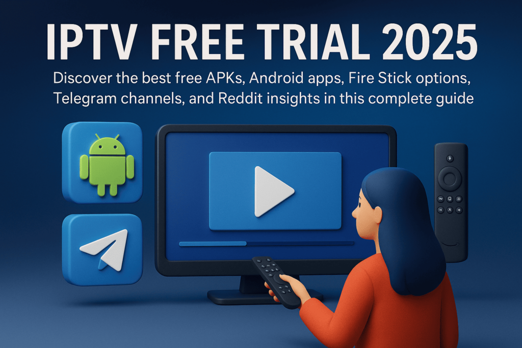 3D illustration showing IPTV free trial 2025 with a woman watching IPTV apps on TV, featuring Android, Telegram, and Fire Stick icons.