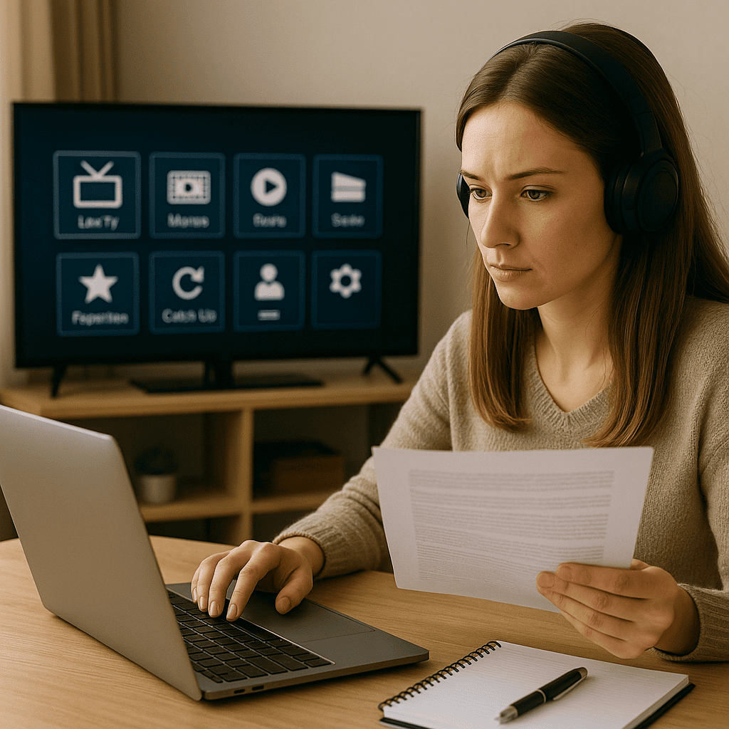 IPTV reseller working on a laptop with IPTV apps visible on a TV screen in a professional home office setup.